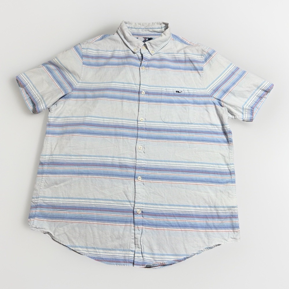 Vineyard Vines Mens L Large Slim Fit Tucker‎ Short Sleeve Striped Stretch White